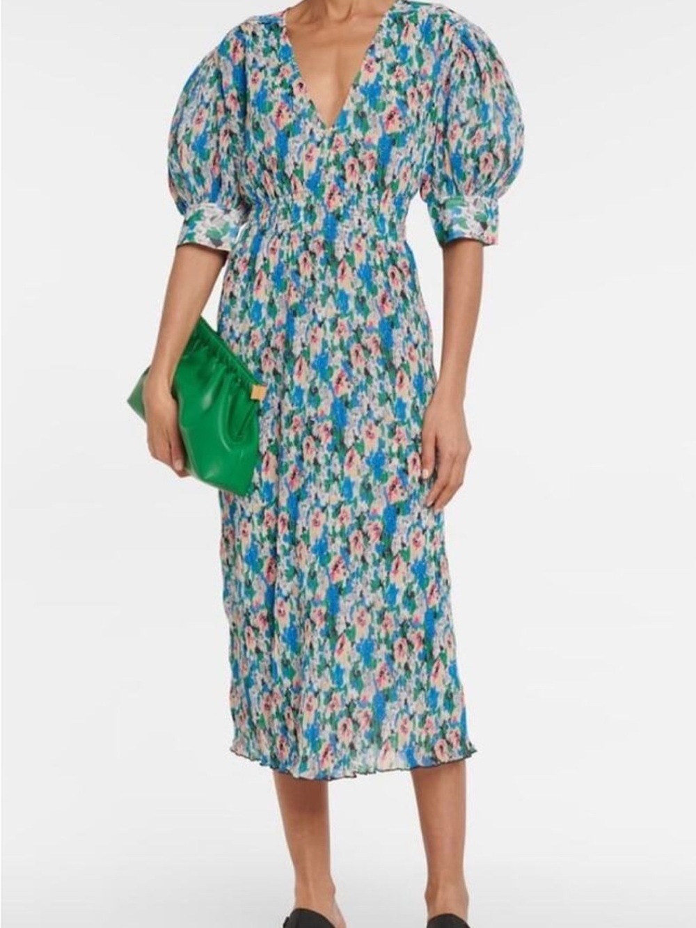 Ganni Floral Blue Puff-Sleeve Midi Dress - Blue